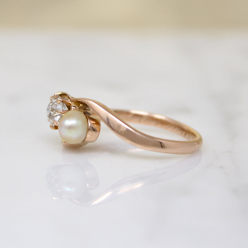 Old Mine Cut Diamond & Pearl in Rose Gold Bypass Ring