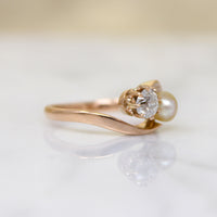 Old Mine Cut Diamond & Pearl in Rose Gold Bypass Ring
