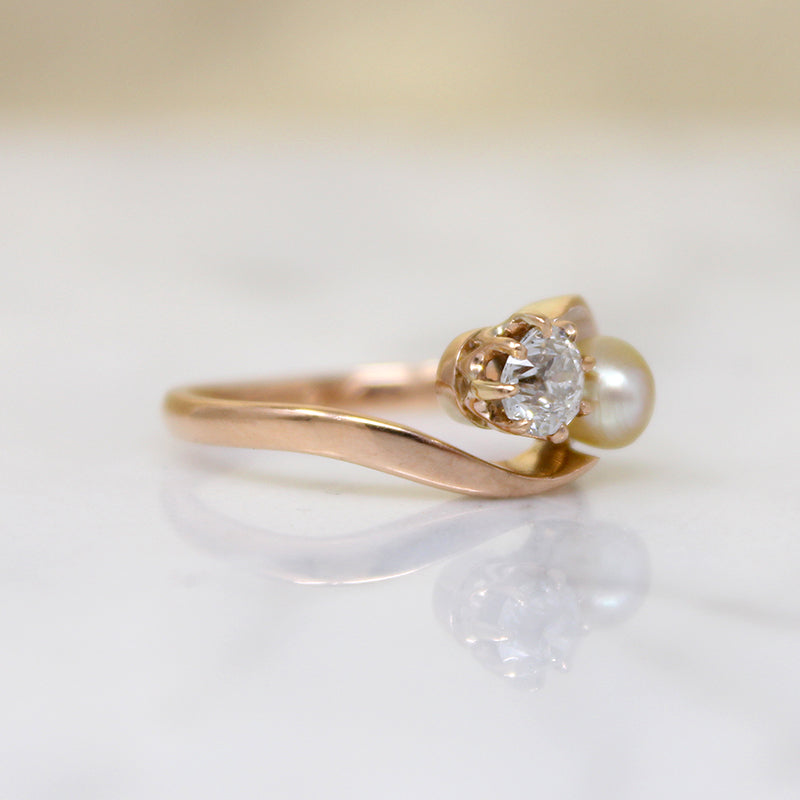 Old Mine Cut Diamond & Pearl in Rose Gold Bypass Ring