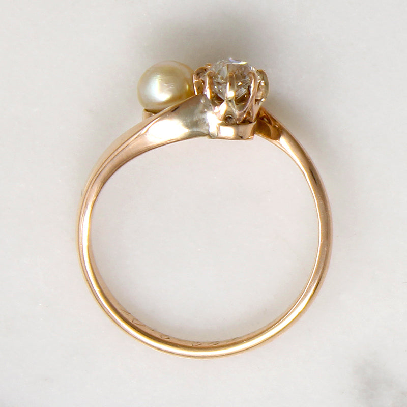 Old Mine Cut Diamond & Pearl in Rose Gold Bypass Ring
