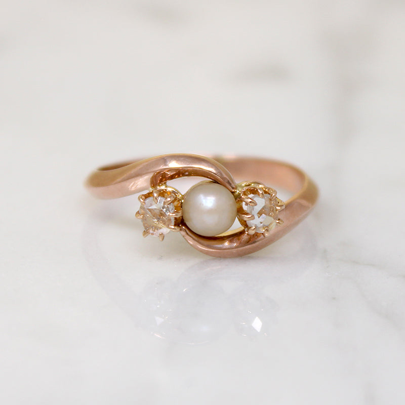 Victorian Pearl & Rose Cut Diamond Rose Gold Bypass Ring