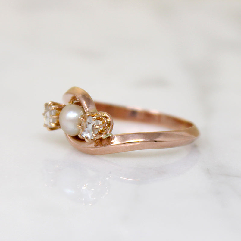 Victorian Pearl & Rose Cut Diamond Rose Gold Bypass Ring