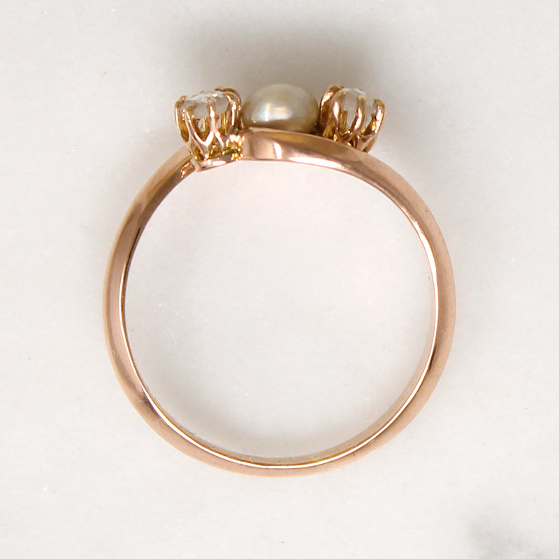 Victorian Pearl & Rose Cut Diamond Rose Gold Bypass Ring