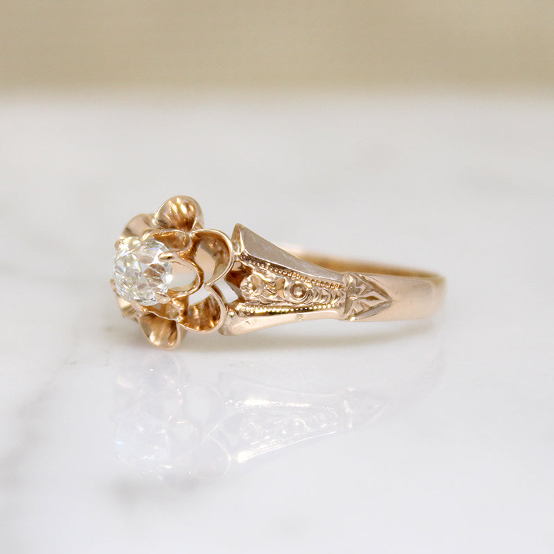 Victorian Old Mine Cut Diamond Floral Solitaire Ring
