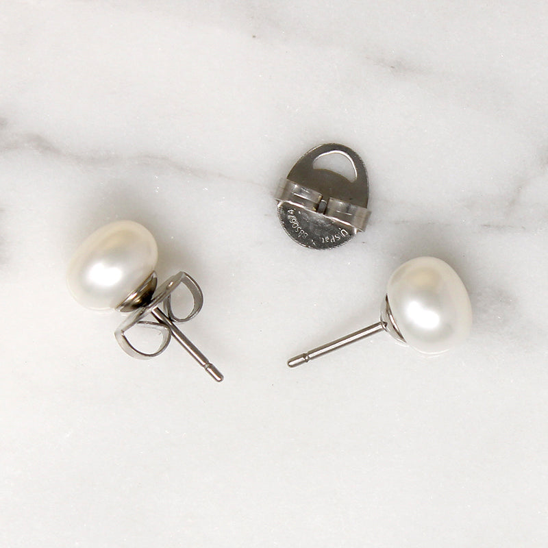 Glossy White Freshwater Pearl & Steel Stud Earrings