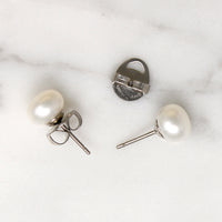 Glossy White Freshwater Pearl & Steel Stud Earrings