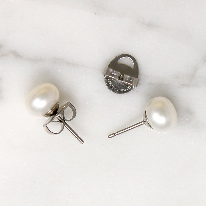 Glossy White Freshwater Pearl & Steel Stud Earrings