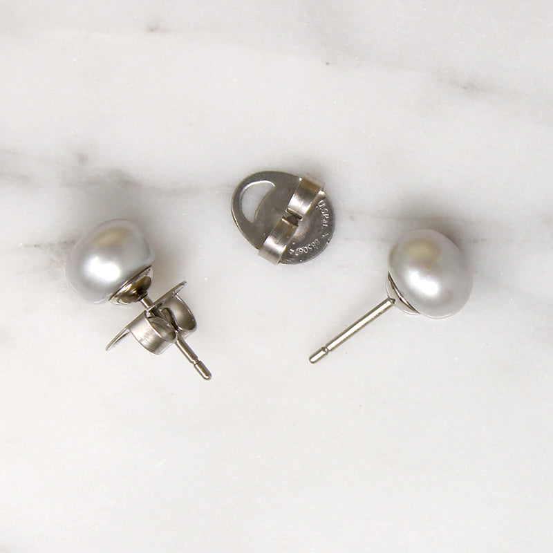 Silvery Freshwater Pearl & Steel Stud Earrings