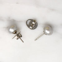 Silvery Freshwater Pearl & Steel Stud Earrings