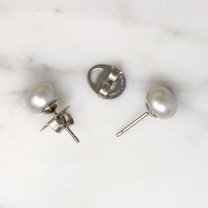 Silvery Freshwater Pearl & Steel Stud Earrings