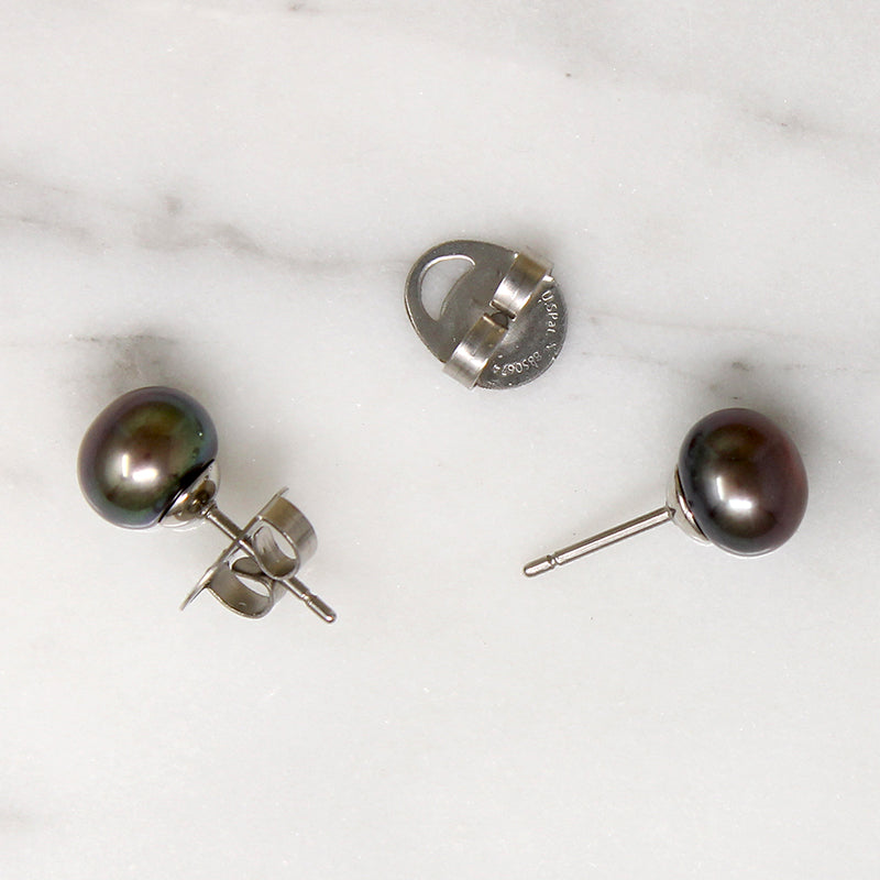 Dramatic Gray Freshwater Pearl & Steel Stud Earrings