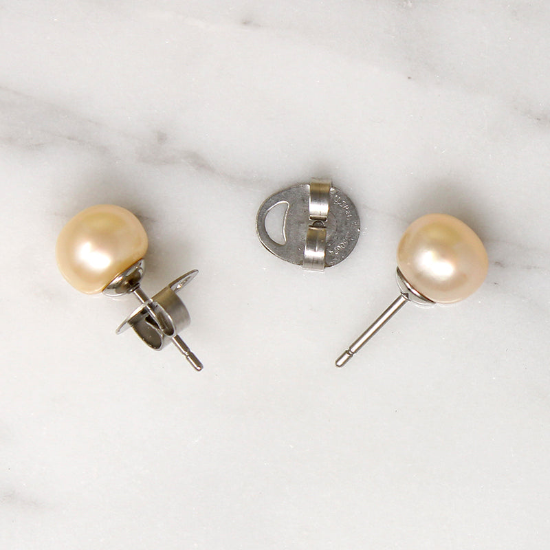 Golden Freshwater Pearl & Steel Stud Earrings