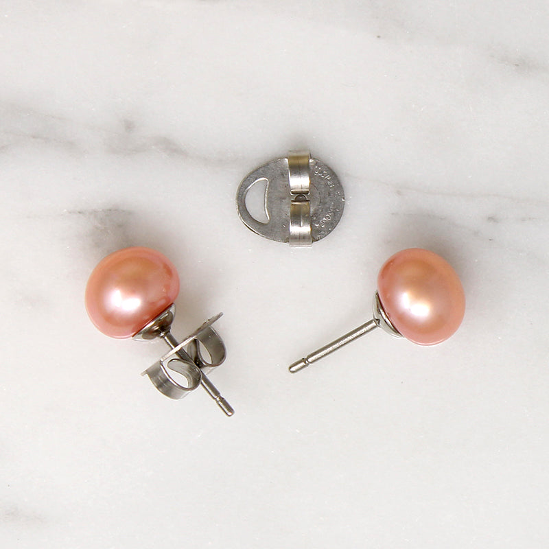 Romantic Pink Freshwater Pearl & Steel Stud Earrings