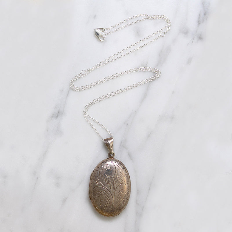 Large Engraved Sterling Silver Oval Locket