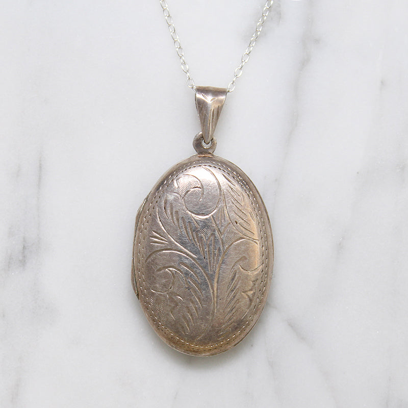 Large Engraved Sterling Silver Oval Locket