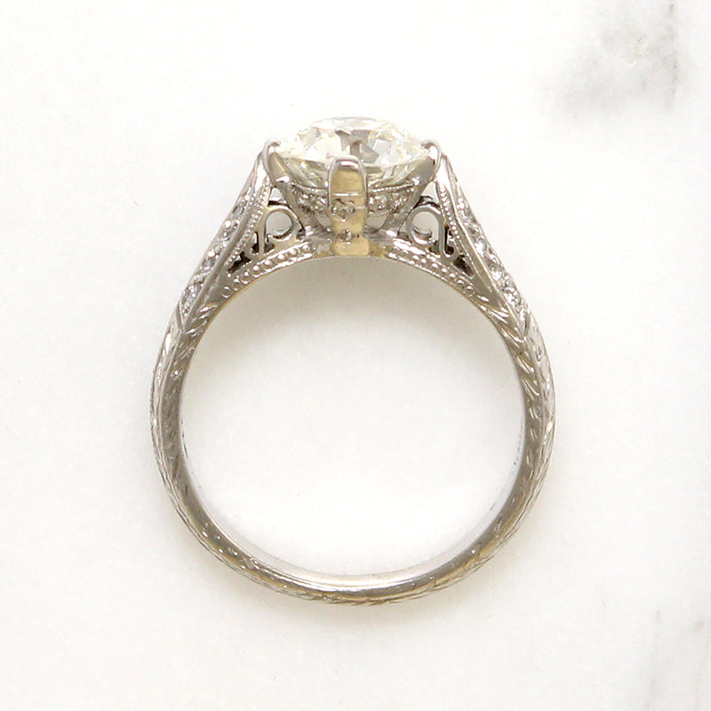 Shimmering Old Euro Diamond in Engraved Platinum Ring