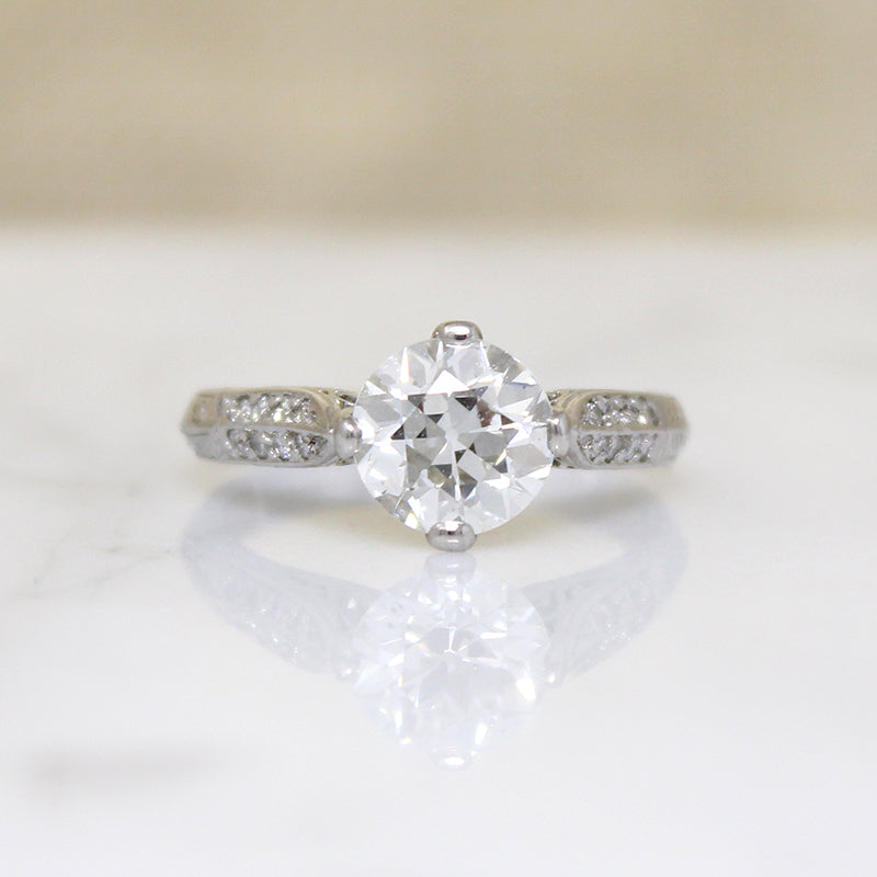 Shimmering Old Euro Diamond in Engraved Platinum Ring