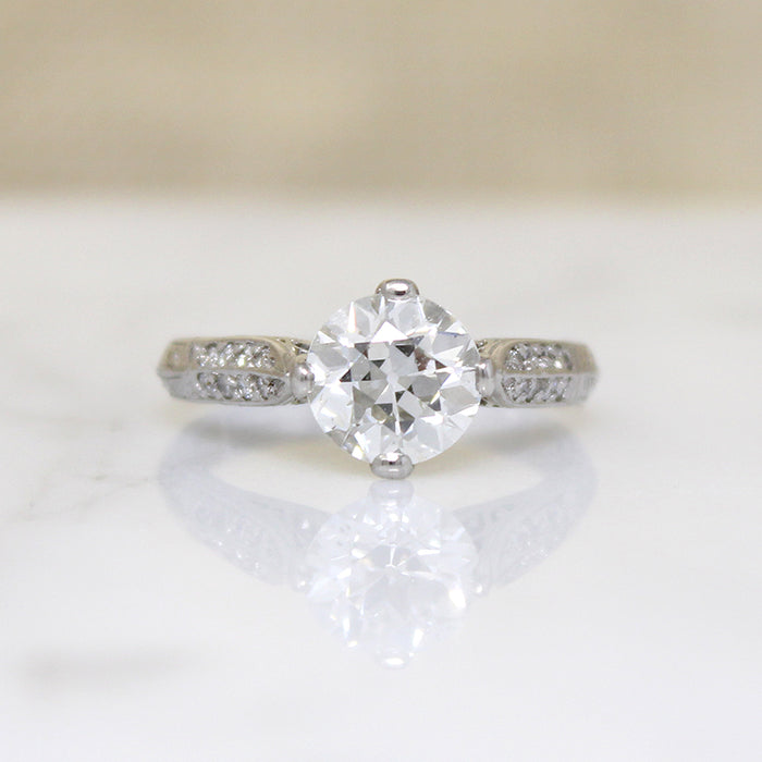 Shimmering Old Euro Diamond in Engraved Platinum Ring