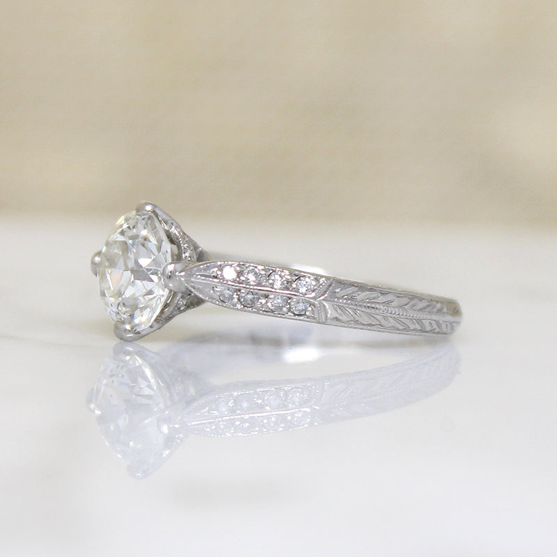 Shimmering Old Euro Diamond in Engraved Platinum Ring
