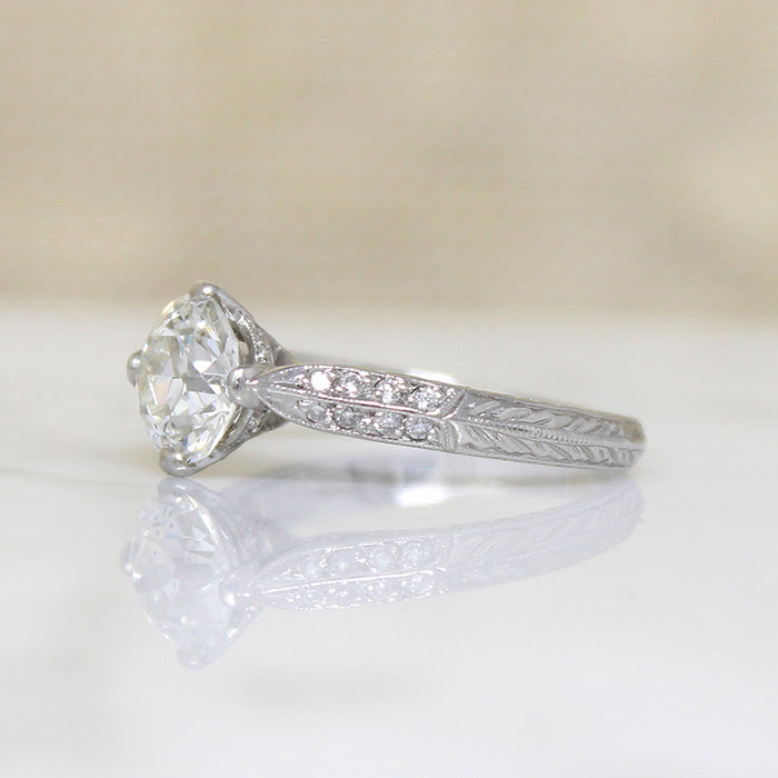 Shimmering Old Euro Diamond in Engraved Platinum Ring