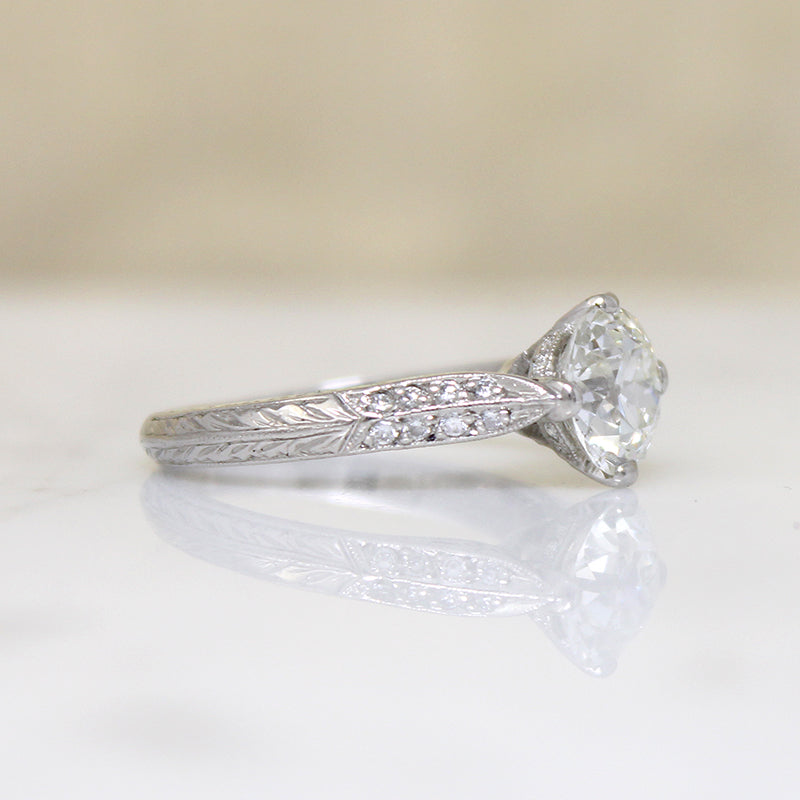 Shimmering Old Euro Diamond in Engraved Platinum Ring