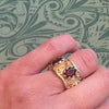 Ornate Garnet-Studded Wide Gold Band