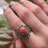 Fiery Red Coral in Ornate Silver Ring