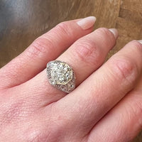 Old Mine Cut Diamond Cluster in Ornate Platinum Engagement Ring