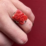 Lush Blossom-Carved Coral in Silver Ring