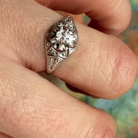 Old Mine Cut Diamond in Ornate Etched Filigree Engagement Ring