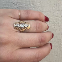 Art Deco Old Mine Cut Diamond & Gold Filigree Knuckle Ring
