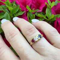 Unique French 22k Gold Band with Old Mine Cut Diamond & Gems
