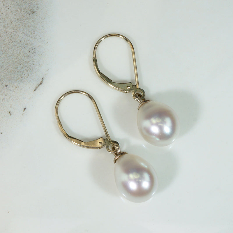 Silvery-White Cultured Pearl & White Gold Drop Earrings