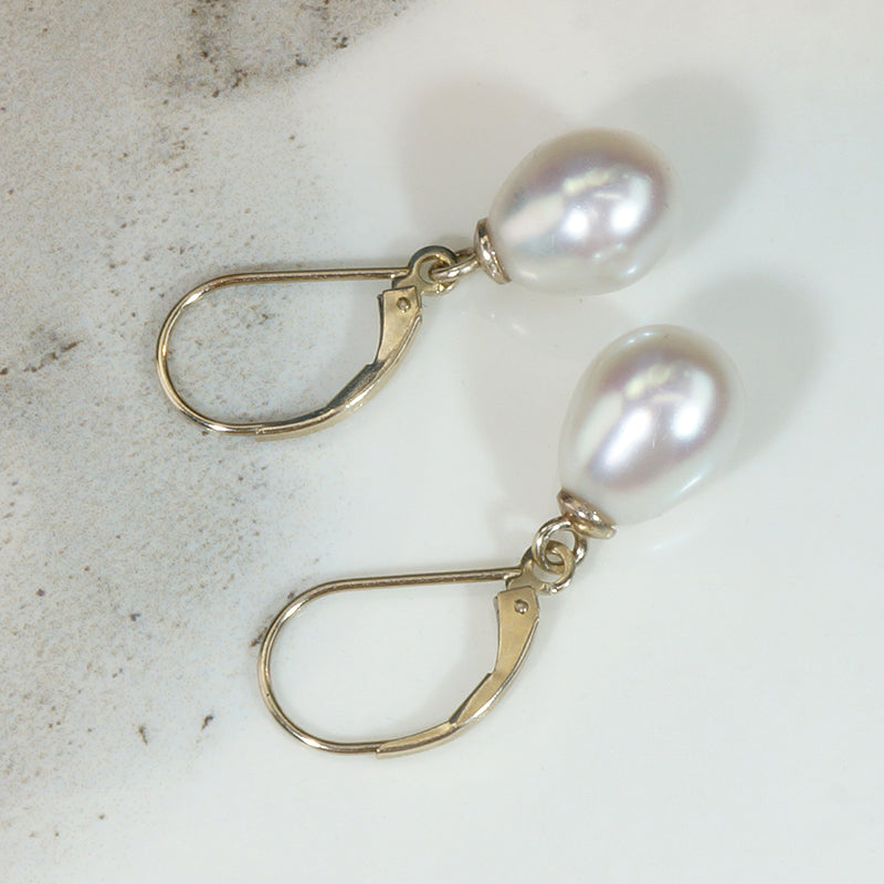 Silvery-White Cultured Pearl & White Gold Drop Earrings