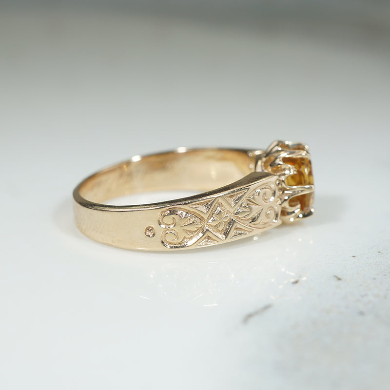 Radiant Citrine & Engraved Gold Belcher Ring by 720