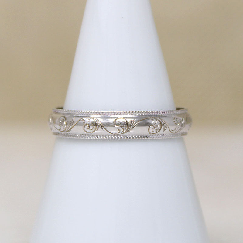 Recycled 14k White Gold Band with Engraved Vine Motif