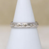 Recycled 14k White Gold Band with Engraved Vine Motif