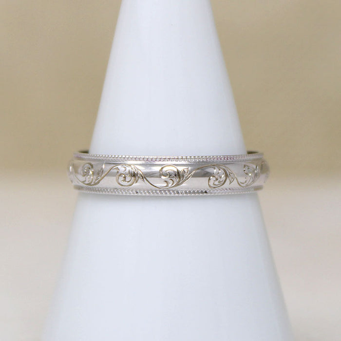 Recycled 14k White Gold Band with Engraved Vine Motif