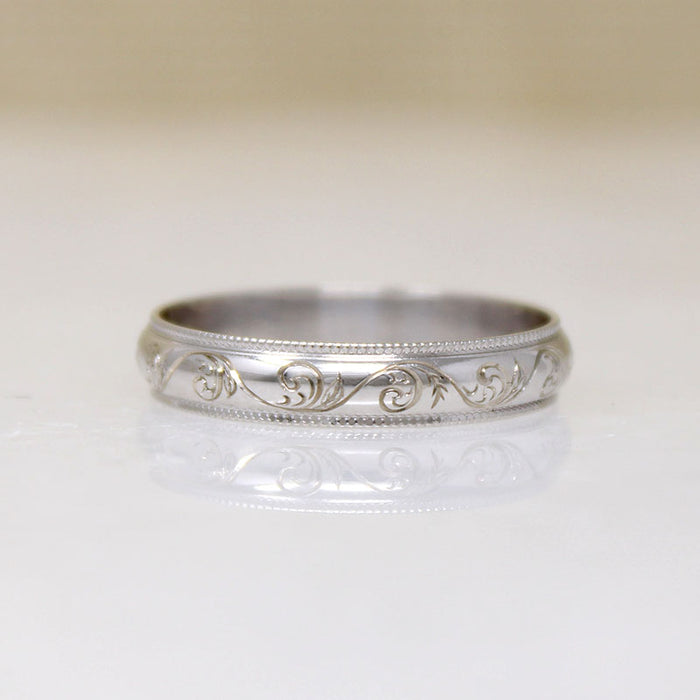 Recycled 14k White Gold Band with Engraved Vine Motif