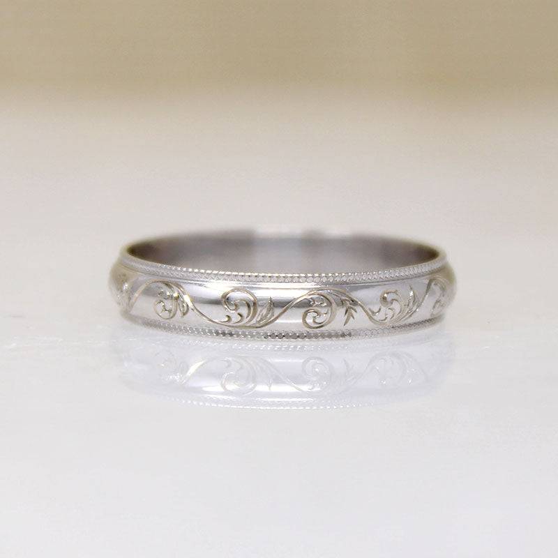 Recycled 14k White Gold Band with Engraved Vine Motif