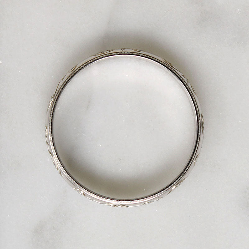 Recycled 14k White Gold Band with Engraved Vine Motif