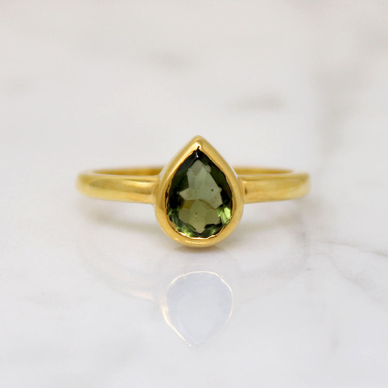 Rare Moldavite Teardrop in Gold Bezel Ring by 720
