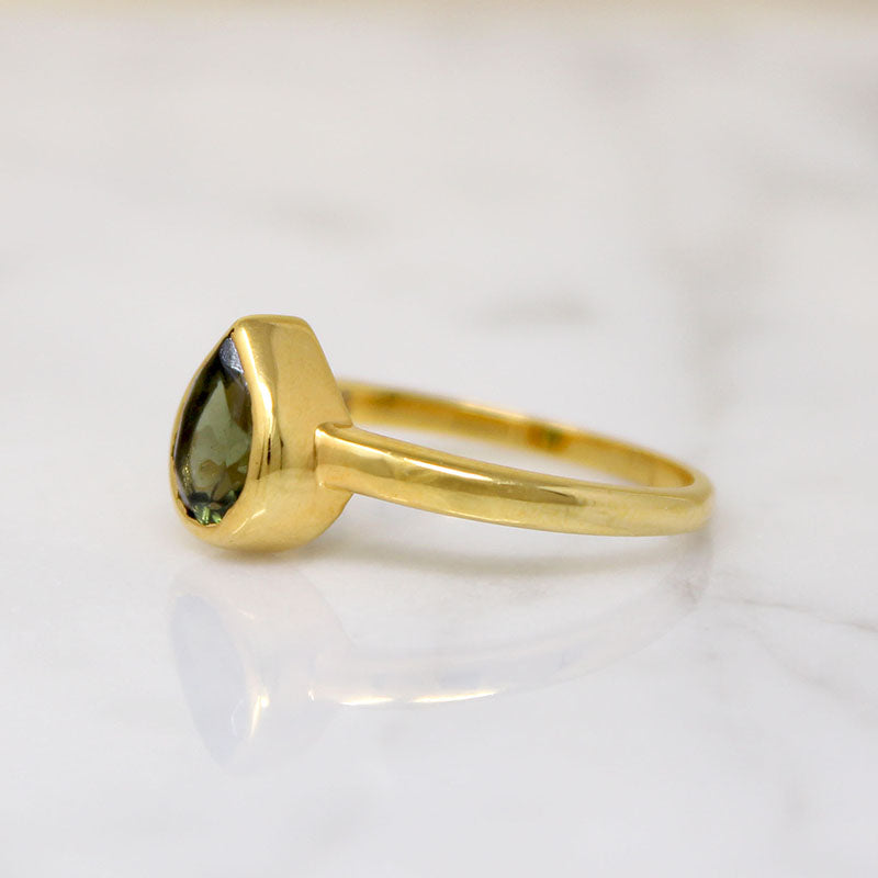 Rare Moldavite Teardrop in Gold Bezel Ring by 720
