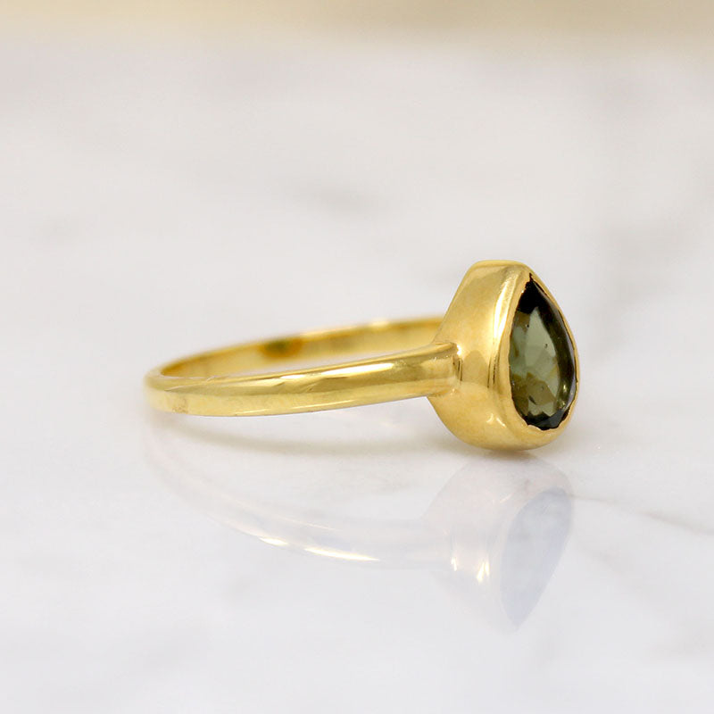 Rare Moldavite Teardrop in Gold Bezel Ring by 720