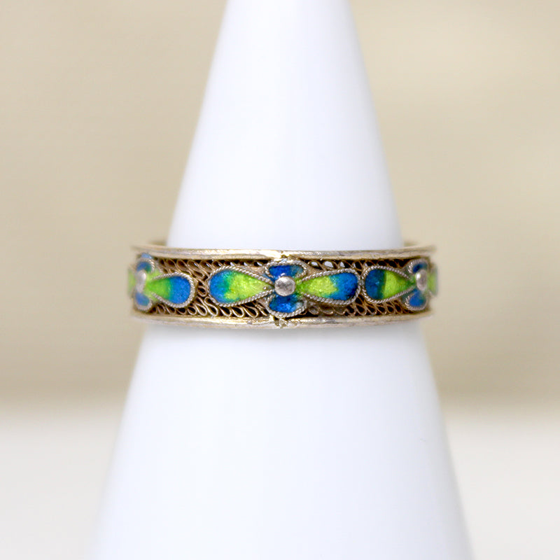 Chinese Silver Gilt Filigree & Enamel Flowers Band