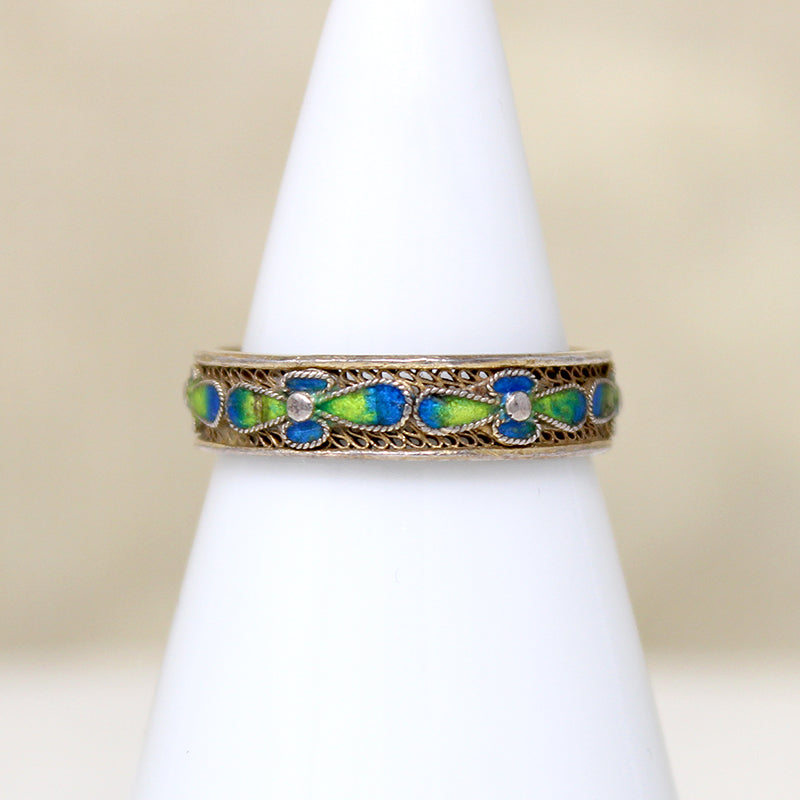 Chinese Silver Gilt Filigree & Enamel Flowers Band