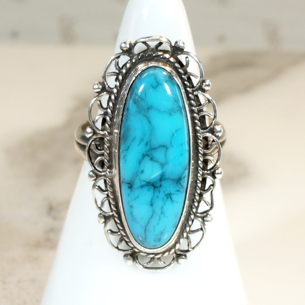 Turquoise Colored Glass in Sterling Filigree Ring