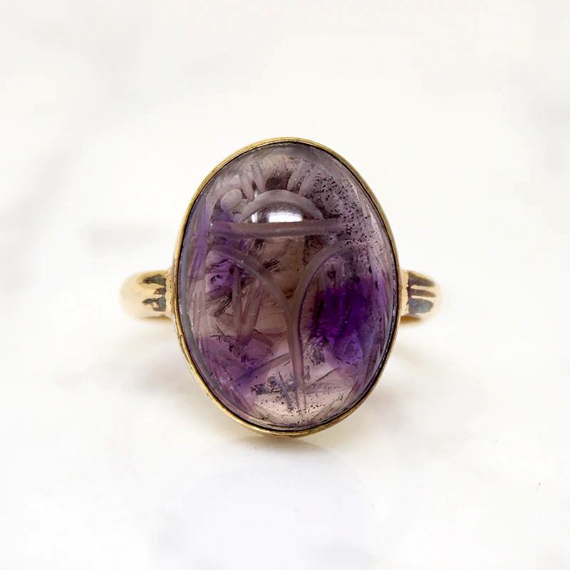 Carved Amethyst Egyptian Scarab Ring