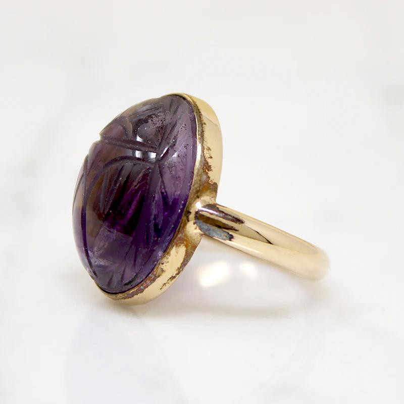 Carved Amethyst Egyptian Scarab Ring