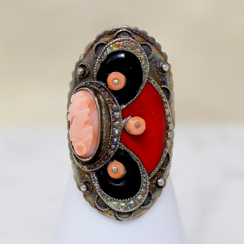 Wild Art Deco Sterling & Enamel Cameo Ring